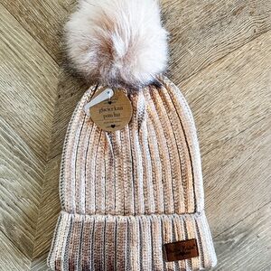 Rosegold Metallic Ribbed Knit Hat with Pom-pom